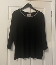 VGC Ladies Quacker Factory Black Top Embellished Neck Size Large Christmas