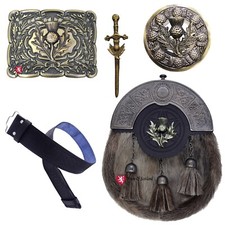 Scottish Kilt Outfit Full Dress Sporran Leather Thistle Belt Buckle Pin & Brooch