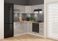 Corner Kitchen Set Complete DIY Fitted 11 Units Cabinets Light Grey Gloss Junona