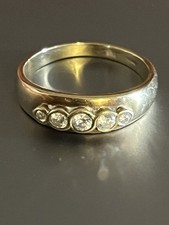 9ct Vintage Yellow Gold & 5 white stone (NOT diamond) Gypsy Band Ring Sz Q 3.2g