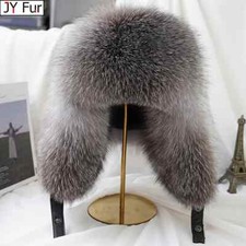 Real Silver Fox Farm Fur Bomber Hat Ushanka Cap Man Ski Hats Caps Real Leather