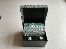 Tie & Cufflink Set, Green, Silver & Grey Squares, 100% Silk, Boxed - Gift – New