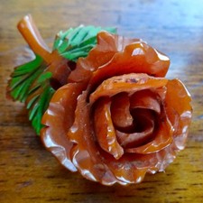 antique art deco amber BAKELITE carved rose flower brooch c pin -70