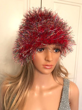 New Hand Knitted Red Mohair Wool Beanie Hat One Size Italian Fancy Yarn
