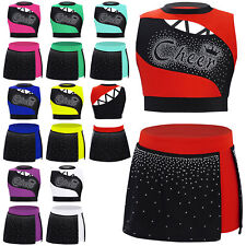 UK Girls Cheerleading Uniform Shiny Crop Top with Skirt Set Cheer Fancy Dress
