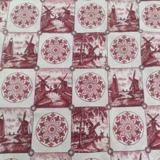 Rare  Vintage Dutch Toile Cotton Fabric Burgundy Scenic Windmill Print W 44"