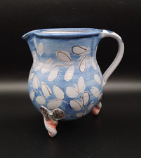 Hand Painted, Handmade Ceramic 1 litre Jug on 3 feet, Signed 'LA', Leaves Design