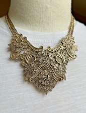 Statement Bib Necklace Gold Tone Floral Design Big Pendant on 2 Chains