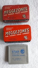 Vintage Chemist pharmacist tins, 2 Meggezones,1 Star stainless hypodermic needle