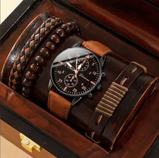 Men luxury Leather Quartz Wrist Watch Beaded Bracelet Set Fashion/Business/Gift