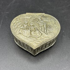 Vintage Small Metal Heart Shaped Trinket Pill Box Red Inlay with Romantic Scene