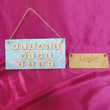 WOODEN LARDER SIGN + RUSTIC CRAFTS HARDWOOD SIGN " PLEASE WIPE YOUR FEET" USED