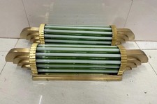 Art Deco Skyscraper Wall Sconces Antique Brass & Green Milk Glass Light 2 Pieces