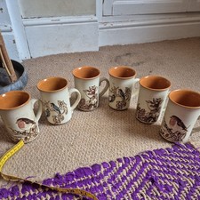 SET OF 6 ASHDALE POTTERY MUGS ,Robin blue tit sparrow bird lovers stoneware 70s
