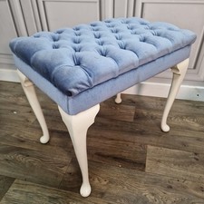 Retro Vintage Blue Velvet Buttoned Stool – Bedroom Dressing Table Piano Seat