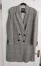 ZARA LONG DOUBLE-BREASTED CHECK WOOL BLEND COAT LONG JACKET S GREY YELLOW TWEED