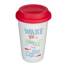 330ml Wake Up Porcelain Drinks Travel Mug Outdoor Contemporary White Red Lid Cup