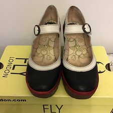 Size 4 Lovely Yori Fly London Mary Jane Wedge Blue Shoes with Red and White Trim