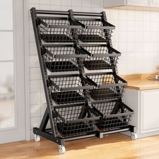 4-Tier 2 Row Metal Veg&Fruit Retail Display Rack with Wheels for Supermarket