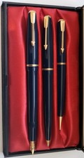   Parker Slimfold Set 14k Gold Nib-Navy Blue/ Gold Trim- Fountain, Ball+Pencil 