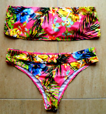LADIES SHEIN SIZE XXL NEON PINK WITH TROPICAL FLOWERS PADDED BANDEAU BIKINI