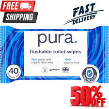 Pura Flushable Moist Toilet Tissue Wipes, 1 Pack of 40 Wet Wipes, 100% Plastic
