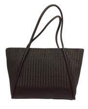 M&S Women's Structured Tote Bag Large Brown Faux Leather Woven Zip Lined New F1