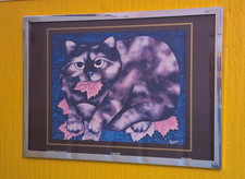 Vintage 1978 Cat With Leaves By Martin Leman Lithograph Wall Art Print Framed