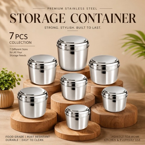 7pc stainless steel puri dabba - steel,