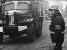A convoy Russian military trucks under watchful eye a Russian- 1968 Old Photo