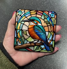 Stunning Blue Kingfisher Bird Stained Glass Effect Square Coaster Coffee Gift