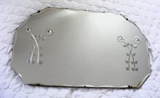 VINTAGE ART DECO SCALLOPED BEVEL EDGE FLORAL DESIGN WALL MIRROR WITH CHAIN