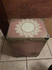 VINTAGE SIRROM STYLE ART DECO WOVEN RATTAN LAUNDRY BASKET-ORIGINAL PINK & GOLD