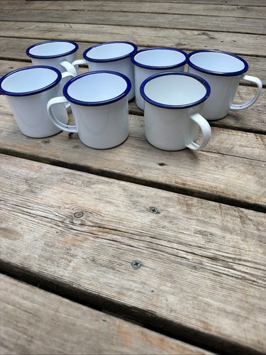 White enamel mugs blue trim - 7,