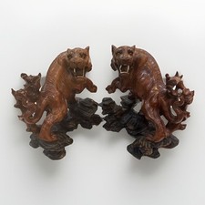 Antique Chinese Wood Carved Tiger Figures Bookends Teeth Glass Eyes OOK READ!