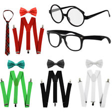 GEEK NERD COSTUME SET TIE BRACES GLASSES SCHOOL DAYS FANCY DRESS MENS WOMENS LOT