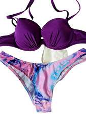 Unbranded Purple Mix Underwire Boost Padded High Leg Halterneck Bikini Set 34B/L