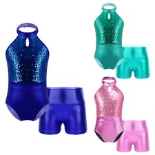 Girls Sparkly Sequin Athletic Unitard Dancewear Set Gymnastics Leotard + Shorts