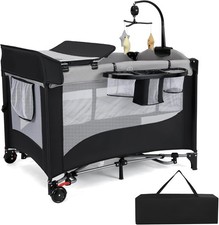 5in1 Travel Cot Baby Bedside Foldable Crib Bassinet Portable Playard Black Grey