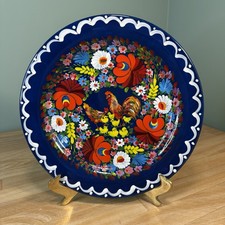 VTG Polish Ukrainian Pottery Floral Chickens Folk Art Hand Painted Wall Plate