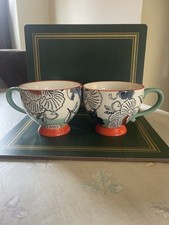 White Stuff Large Ceramic Footed Tea Cups Handled X 2 Multicoloured Design.