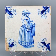 Antique Porcelain Dutch Delft Tile Blue White Woman Dress Era 18th Century