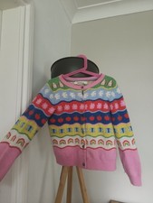 Mini Boden Girls Edie Fair Isle Wool Mix Cardigan Rainbow Flowers Dogs 8-9 Years