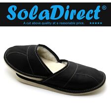 MENS WARM GENUINE 100% LEATHER SLIPPERS SIZE 6-12 SLIP ON MULES BLACK-GREY-BROWN