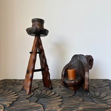 Pair vintage mid century French rustic candlestick holders, wooden carved candle