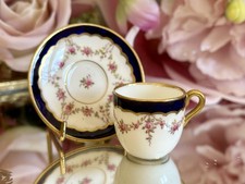 Antique Coalport Miniature Teacup and Saucer Hand-Painted Cobalt & Roses Swags