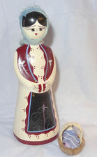 Unusual AMERICAN FOLK ART FIGURINE w BABY BASKET POTTERY HAND PAINTED