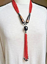 Chunky Necklace Red Glass Seed Beads 22” Multi strand Tassel Large Brown Beads