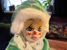 Vintage Mini Porcelain Clown Doll in Tin Green Star Outfit Made in Italy c1990s