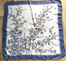 Large Vintage Silk Floral Scarf With Hand Rolled Edges 26” Square Blues & Brown 